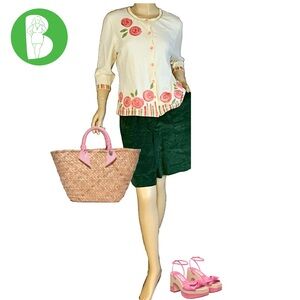 VINTAGE Y2K GARNET HILL CREAM, PINK & GREEN FLORAL CARDIGAN SWEATER (L)